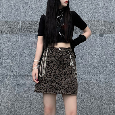 Harajuku Style Retro Denim Skirt High Waist Leopard Print Skirt Women