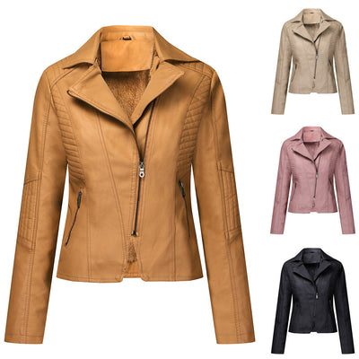 Women's Plush Leather Jacket Oblique Zipper Short Women Jacket Casual Jacket