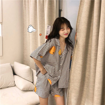 Pajama Sets Women New Korean Chic Print Sweet Summer Ins Shrort Sleeve Schoolgirls Pajama Homewear Kawaii Soft Fashion Sleepwear