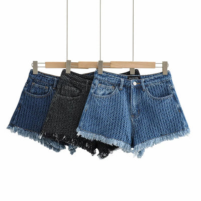 Women's Irregular Frayed Denim Short Low Waist Knitted Denim Hot Pants