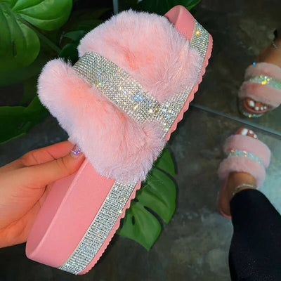 Large size rhinestone plush slipper