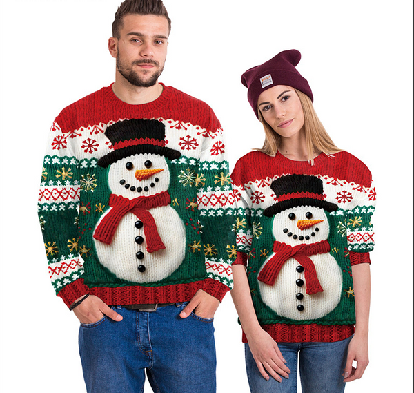 Women's Snowman Christmas Tree Pattern Digital Printed Round Neck Sweater