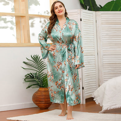 Long Robes For Women Flower Print Bathrobe V-neck Silk Sleepwear