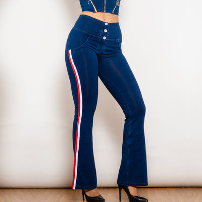 Shascullfites Melody Dark Blue Striped Flared Lift Jeggings Button Up Jeans Bum Lift Jeans High Waist Flare Jeans Women