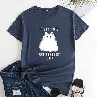 Large Size Cat Letter Printed Cotton Round Neck Short Sleeve T-shirt For Women