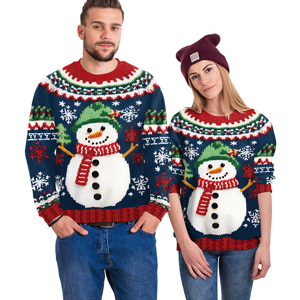 Women's Snowman Christmas Tree Pattern Digital Printed Round Neck Sweater