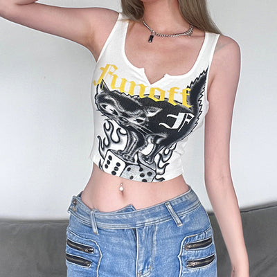 Cartoon Cat Printed Letters Small V-neck Camisole Summer New All-match Outerwear Short Top Trend