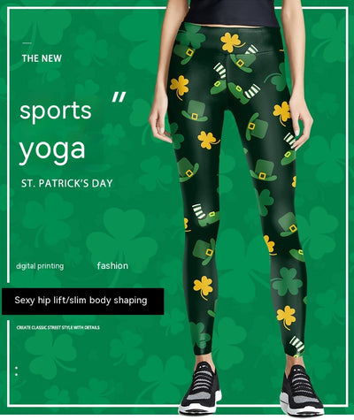 Digital Printed Green Leaf Elastic Slim Fit Running Pants Yoga Pants