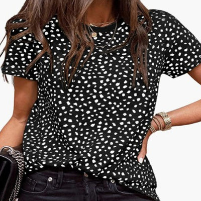 Leopard Dot Short Sleeved Round Neck Pullover Loose And Casual