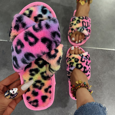 Women New Indoor Fuzzy Leopard Plush House Flat With Fuzzy Slipper