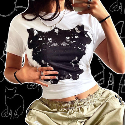 Fashion Multi Head Cat Print Short Sleeve T-shirt Round Neck Casual Top