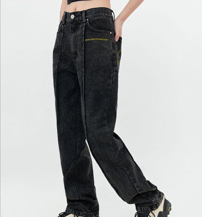 Street Washed Stitching Straight Jeans For Men And Women