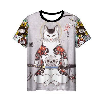 Japanese Samurai Cat 3D Digital Printing Men's Round Neck Short Sleeve