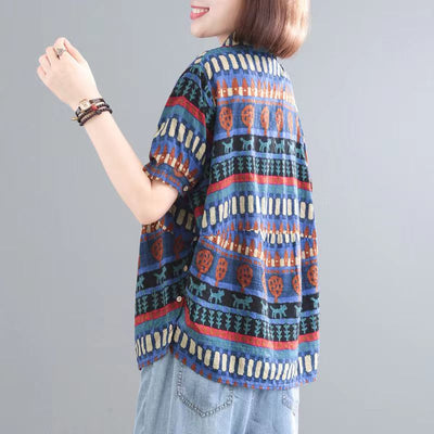 Cotton And Hemp Printing Loose Large Casual Short-sleeved Meat Concealing Thin Shirt Top
