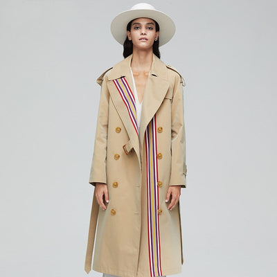 Stripes double-breasted trench coat British slim waist trench coat