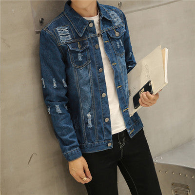 New men's denim jacket with holes for young men