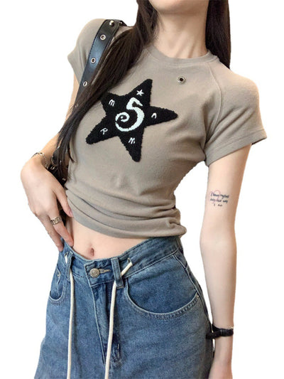 Korean Versatile Slim Flocked Pentagram Short Sleeve