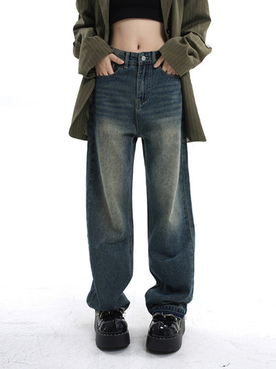 Waisted Straight Tube Retro Jeans With Loose Fitting Wide Leg High Street Mop Pants