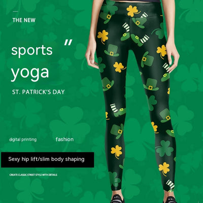 Digital Printed Green Leaf Elastic Slim Fit Running Pants Yoga Pants