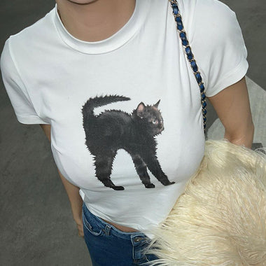 American Fried Hair Cat Print Short Sleeve T-shirt