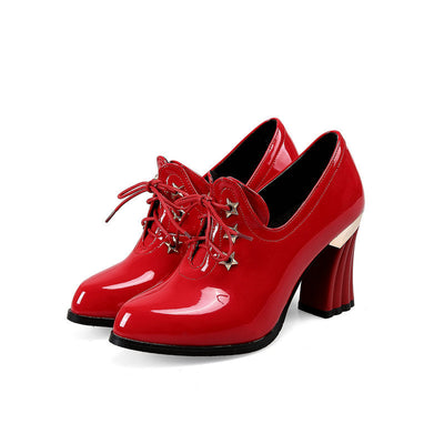 Vintage Women Pumps Red Patent Leather High Block Heel