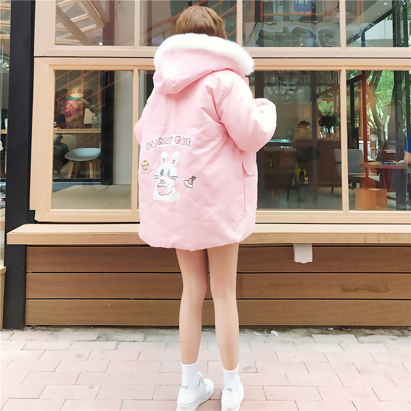 Kawaii Rabbit Bunny Sweet Pink& Lavendar Cute Women's Parka Coat Winter Warm Lolita Hooded Outwear Jacket Fur Trim