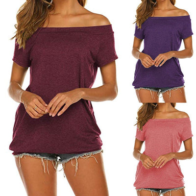 Women's Pullover Solid Color Short Sleeve Off-the-shoulder Loose-fitting Casual T-shirt