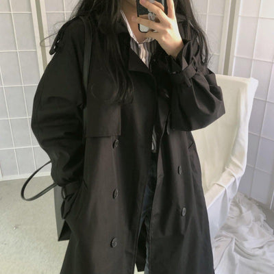 Women Black Trench Coat Mid Length Double Breasted Waist