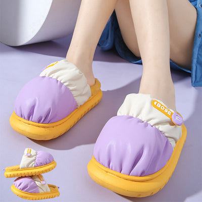 Mixed-color Down Cotton Slippers Winter Warm Indoor Non-slip Couple Thick-soled Home Shoes For Women Fashion Fuzzy House Slipper