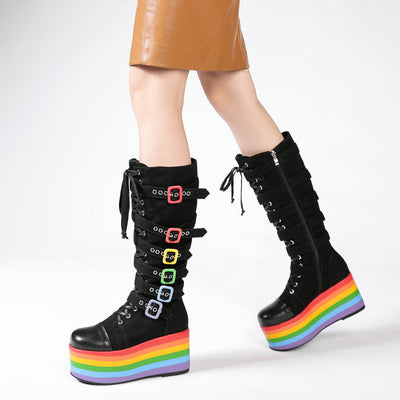 Women's Denim Wedge High Heel Buckle Boots