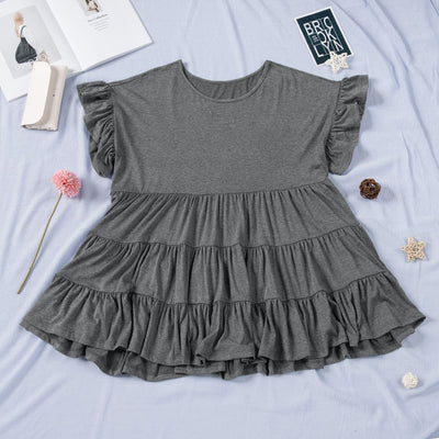 Pure Color Ruffles Pleated Pullover T-shirt