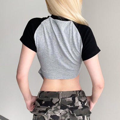 Women's Spice Slim-fit Short Color Bump Shoulder T-shirt Design Sense Asymmetrical Crop Hollow Letter Top