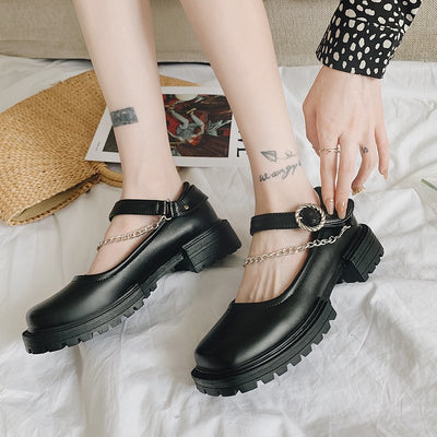 Rimocy Black Pu Leather Metal Chain Chunky Mary Janes Shoes Woman Autumn Square Heels Ankle Strap Platform Pumps Women Punk