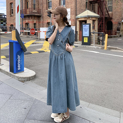 French Style Retro Peter Pan Collar Puff Sleeve Denim Dress For Women