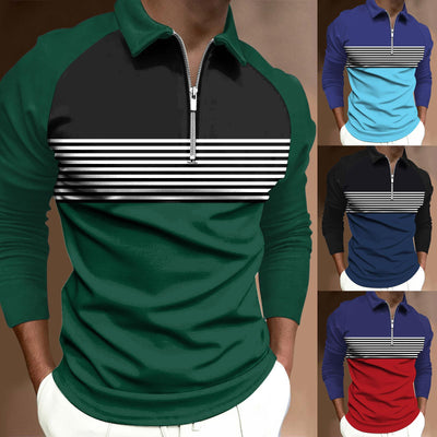 Striped Black Raglan Polo Shirt Printed Simple Zipper Lapel Long Sleeve T-shirt Men