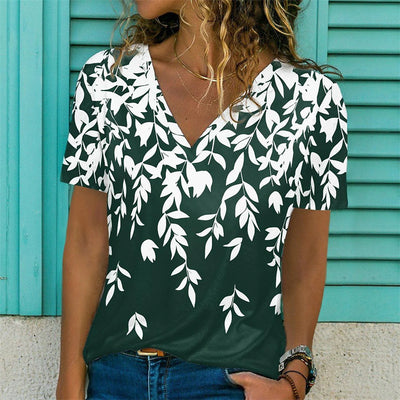 Printed Short Sleeved V-neck Loose Fitting Women's Style