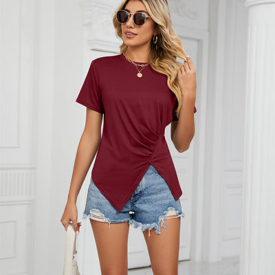 Solid Color Loose Round Neck Pleated Ladies T-Shirt Top
