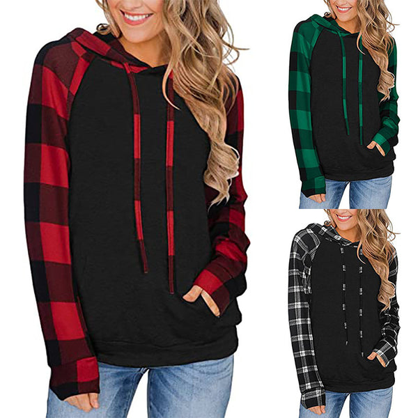 Women's Long-sleeved Color Matching Casual Plaid Hooded T-shirt