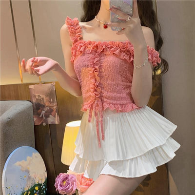 Solid Color Pleated Lace Drawcord Waistcoat Suspender For Women