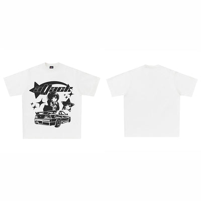 Retro White Short Sleeve T-shirt Loose Pattern Fashion Brand Harajuku Anime Half Sleeve Top