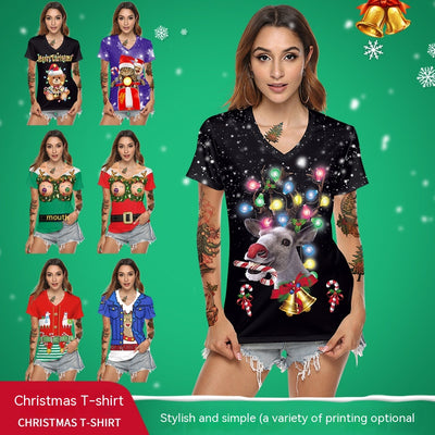 Women's Christmas Digital Printed V-neck T-shirt