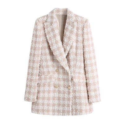 Lapel Long Sleeved Double Breasted Check Blazer Women
