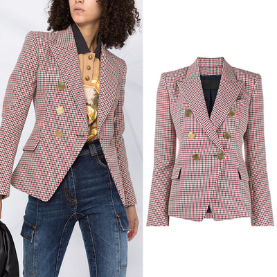 Houndstooth Small Jacket Women Long-Sleeved Double-Breasted Plaid Blazer