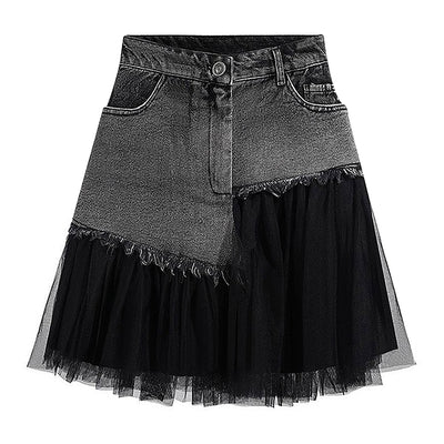 A-line Covered Crotch Patchwork Mesh Denim Skirt
