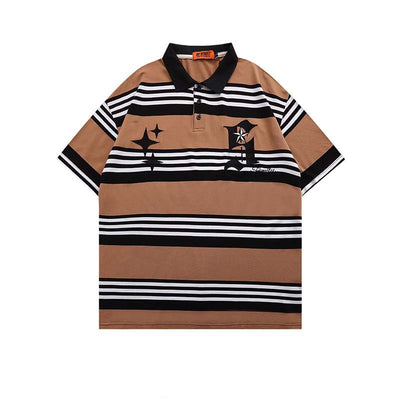 New Letter Embroidered Striped Lapel Short Sleeve POLO Shirt For Men
