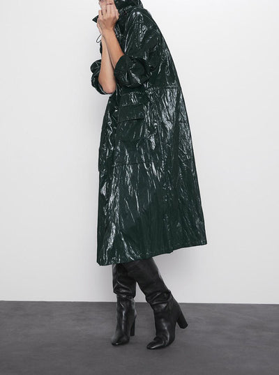 Women's pleated shiny parka casual long trench coat