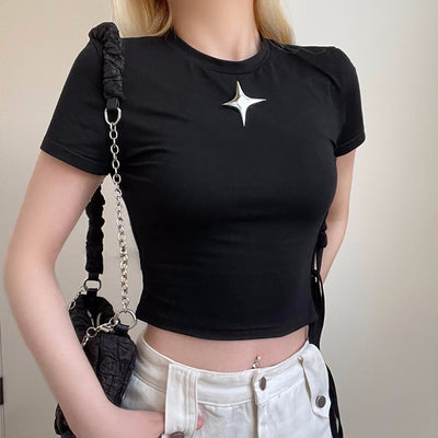 Women's Dark Metal Decorative Side Waist Hollowed Out Strap Short Sleeved T-shirt