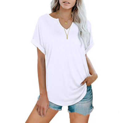 Solid Color V-neck Short-sleeved T-shirt Top Women's Clothing
