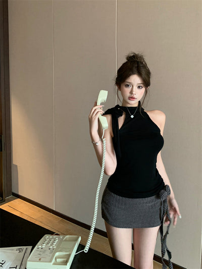N12 Series Ribbon Turtleneck Sleeveless Gentle Graceful Vest + Hot Girl Rose Skirt