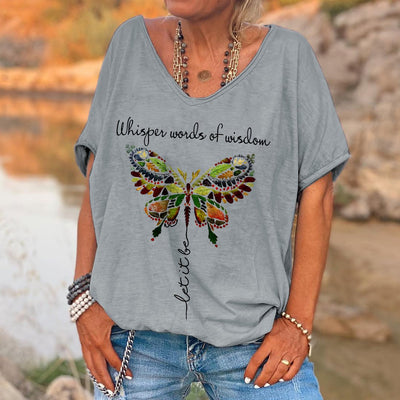 Ladies English Butterfly Print T-Shirt Loose